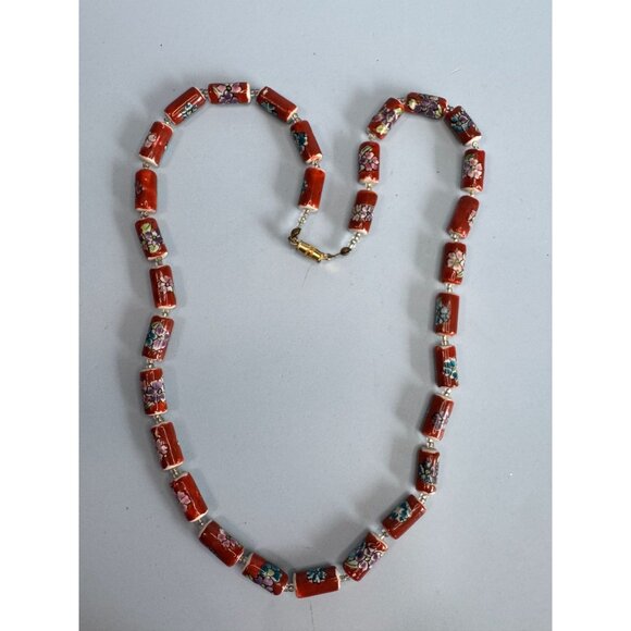 Vintage Chinese Cloisonne Floral Glass Bead Necklace With Barrel Clasp 22" Red M - Picture 4 of 9